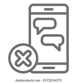 Smartphone screen with message ban line icon, prohibited items concept. Vector graphics. Phone, communication forbidden sign on white background, outline style icon for mobile or web design