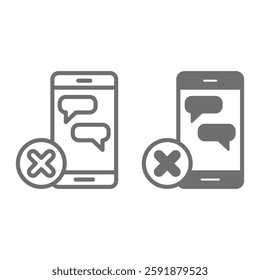 Smartphone screen with message ban line and solid icon, prohibited items concept. Vector graphics. Phone, communication forbidden sign on white background, outline style icon for mobile or web design