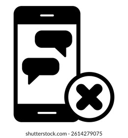 Smartphone screen with message ban solid icon, prohibited items concept. Vector graphics. Phone, communication forbidden sign on white background, glyph style mobile or design