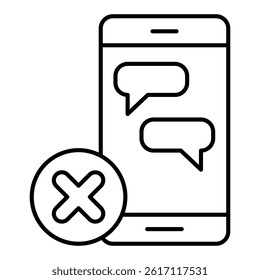 Smartphone screen with message ban thin line icon, prohibited items concept. Vector graphics. Phone, communication forbidden sign on white background, linear style for mobile or design