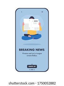Smartphone screen mobile app. A man in a yoga pose holding the newspaper in his hands and reading the breaking news. Flat vector illustration.