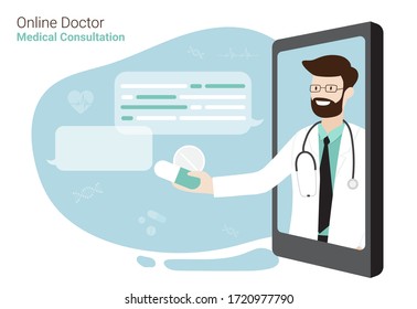smartphone screen on chat in messenger with Doctor and an online consultation. Vector flat illustration. Healthcare and E-Medical Concept Design for Banner, Poster and Advertising Background.