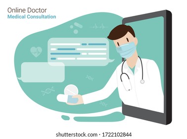 pantalla de smartphone en chat en mensajería con Doctor y una consulta en línea. Ilustración plana vectorial. Diseño de conceptos médicos y médicos electrónicos para carteles, carteles y publicidad.