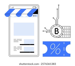 A smartphone screen with an online store, a Bitcoin symbol connected to technology lines, and a discount voucher. Ideal for e-commerce, cryptocurrency, discounts, online transactions, digital