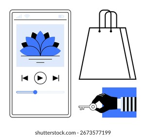 Smartphone screen with an open music player app, a shopping bag, and a hand holding a key. Ideal for mobile apps, online shopping, digital security, e-commerce, marketing, retail multimedia content