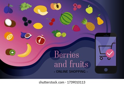 Smartphone screen with the order of berries and fruits via the app with home delivery. Flat illustration with a huge variety of eco-farm food products over the Internet. Poster for an ad, banner for a