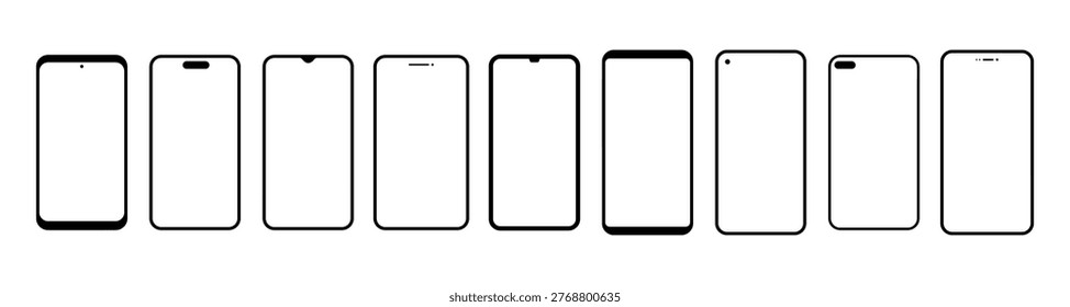 Smartphone screen outlines set with different notch designs and front camera placements. Vector isolated mobile phone panels collection. User interface presentation and app development