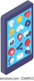 Smartphone screen page layout with different buttons. bright mobile phone home screen interface template. Phone display illustration with search and app icons, cellphone operating system design