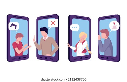Smartphone Screen with People Character Communicating with Each Other Vector Set