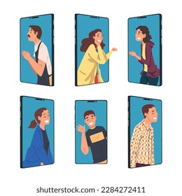 Smartphone Screen with People Character Communicating with Each Other Online Via Internet Vector Set