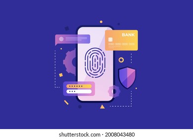 The smartphone screen and personal data are closed from public use. Access to personal virtual information by fingerprint. Personal data protection rules in mobile applications. Vector illustration.