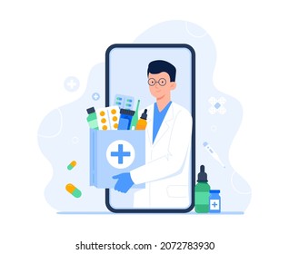 Smartphone screen with a pharmacist with a bag of medication. Online pharmacy, delivery drugs, prescription medicines. Vector flat illustration.