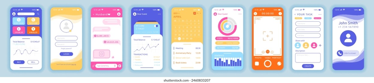 Smartphone screen. Phone application interface. Camera photo icon. App setting. Cellphone call and message. Account login. Planner calendar. Mobile finance dashboard. Vector garish UI templates set