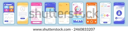 Smartphone screen. Phone application interface. Camera photo icon. App setting. Cellphone call and message. Account login. Planner calendar. Mobile finance dashboard. Vector garish UI templates set