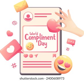 Smartphone screen with photo post, emoji, hearts, hand with heart, icons. Social network concept. Poster, card for the World Compliment Day, March 1