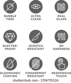 Smartphone screen protection icon set, tempered glass, screen protector.