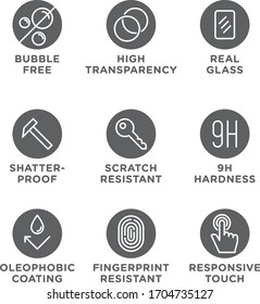 Smartphone screen protection icon set, tempered glass, screen protector.