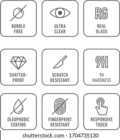 Smartphone screen protection icon set, tempered glass, screen protector.