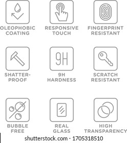 Smartphone screen protection icon set, tempered glass, screen protector.