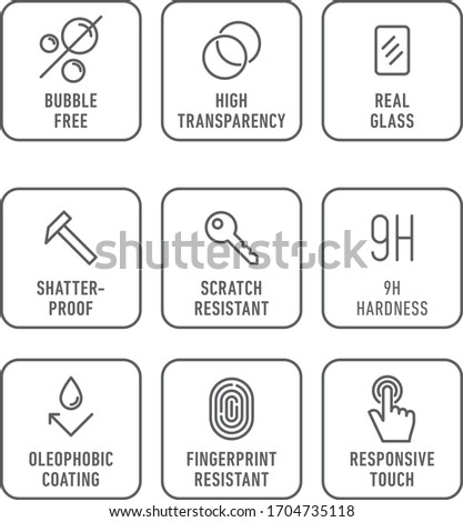 Smartphone screen protection icon set, tempered glass, screen protector.