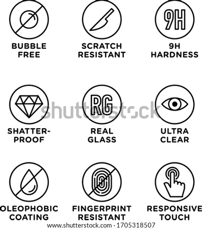 Smartphone screen protection icon set, tempered glass, screen protector.