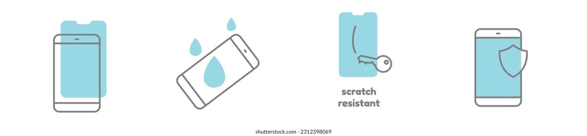 Smartphone screen protector modern line icon set, mobile case concept, device touchscreen protection icons, anti scratch emblems, cellphone glass symbols isolated on white background
