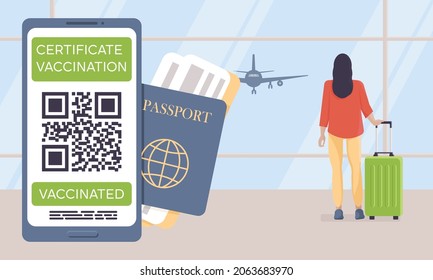 Pantalla Smartphone con código QR del certificado de vacunación COVID-19 coronavirus. Pasaporte, billetes de avión, mujer, terminal del aeropuerto de maletas. Concepto de viajar durante la pandemia. Ilustración del vector