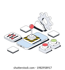 Smartphone screen remote control manipulator, settings and options. Vector 3d line isometric, color web icons, new flat style. Creative design idea for infographics.