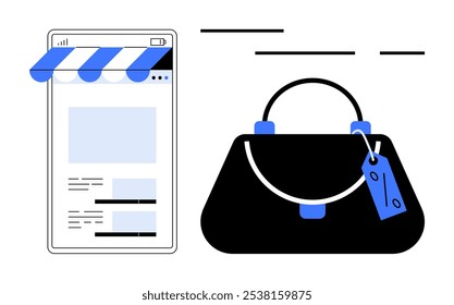 Smartphone screen representing online store and handbag with a blue discount tag. Ideal for e-commerce, online shopping, mobile apps, digital retail and fashion sales. Modern vector illustration