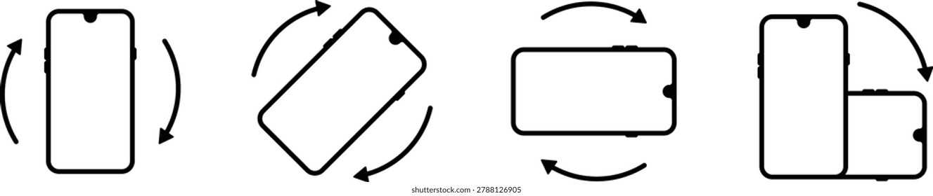 Smartphone screen rotation icon set with mobile orientation change symbols.