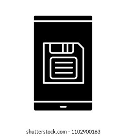 Smartphone screen with save button glyph icon. Silhouette symbol. Data saving. Negative space. Vector isolated illustration