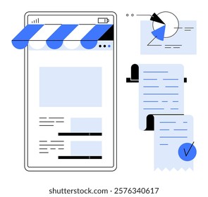 A smartphone screen with a shopping app interface, receipts, and data analysis symbols. Ideal for e-commerce, financial management, data analysis, online shopping, digital transactions