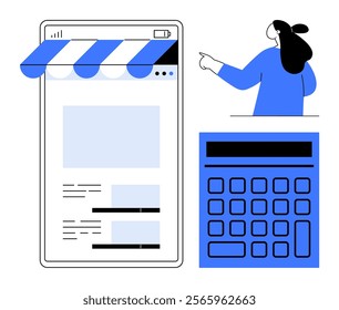 Smartphone screen with shopping application, large calculator, and person pointing highlight elements. Ideal for e-commerce, finance management, budgeting, online transactions, customer engagement