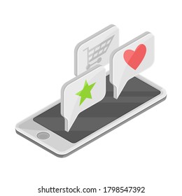 Smartphone Screen with Shopping Cart and Like Sign Vector Isometric Illustration