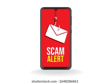 Tela Smartphone mostrando uma mensagem "Scam Alert" com um gancho de pesca e envelope simbolizando tentativas de phishing em segurança online