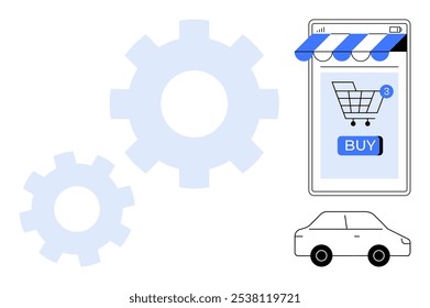 Uma tela de smartphone apresentando um carrinho de compras com 3 notificações e um botão Comprar sob um toldo. Nas proximidades estão duas marchas azuis simbolizando a automação e um simples contorno do carro. Ideal para e-commerce