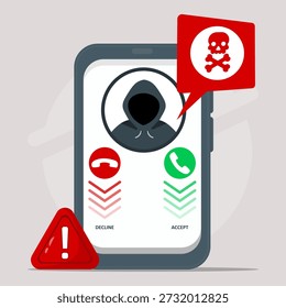 Smartphone screen showing incoming call from hooded hacker with skull warning bubble, decline and accept buttons, and red alert sign warning. Concept of phone scam and phishing threat.	