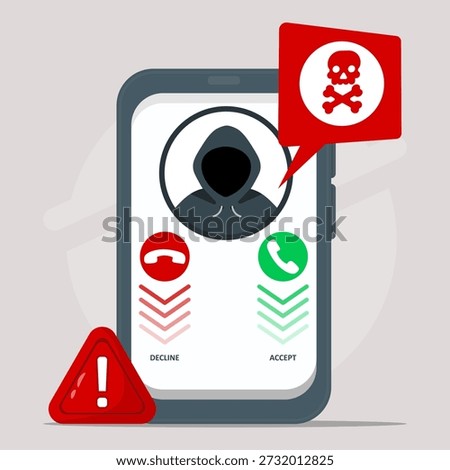 Smartphone screen showing incoming call from hooded hacker with skull warning bubble, decline and accept buttons, and red alert sign warning. Concept of phone scam and phishing threat.	