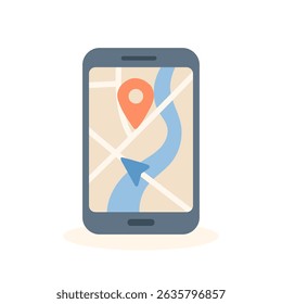 Smartphone screen showing map with location pin and arrow, navigation illustration in flat cartoon style ideal for travel, direction, or GPS-based app and mobility visuals.