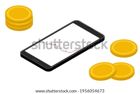 Smartphone screen showing rising chart, virtual currency, isometric