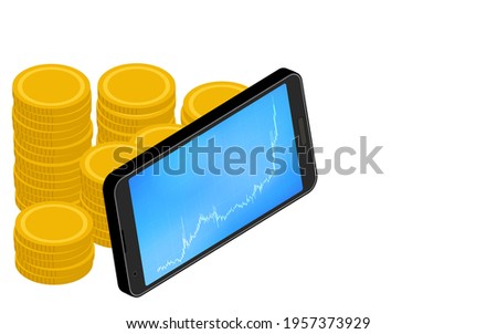 Smartphone screen showing rising chart of virtual currency and virtual currency, isometric