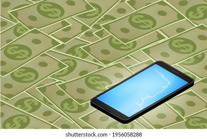 Smartphone screen showing rising stock price chart, dollar bills, isometric