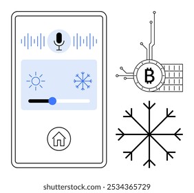 Smartphone-Bildschirm mit Smart-Home-Schnittstelle mit Sprachsteuerung Mikrofon-Symbol und Temperaturregler. Detaillierte Schneeflocke und Bitcoin-Symbol mit Schaltung. Ideal für Technik, smart