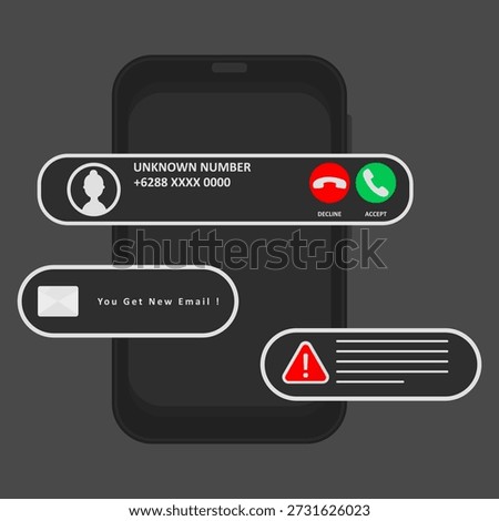 Smartphone screen showing unknown incoming call, new email notification, and warning alert, Concept of fake call, hacker attack, and mobile security threats