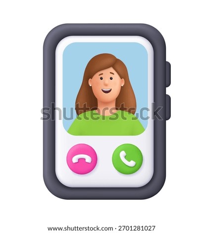 Smartphone screen showing video call with smiling woman Kate. Video call interface, video chat, online communication and mobile technology concept. 3d vector people character. Cartoon minimal style.