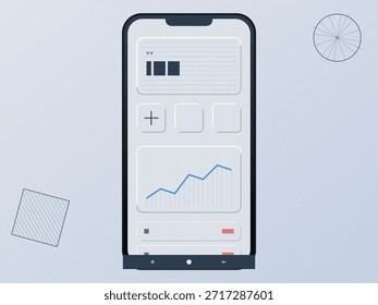 La pantalla de un smartphone muestra una aplicación con gráficos, Botones y visualización de datos. La pantalla tiene un diseño limpio y cuenta con varios Elementos interactivos para la entrada del usuario.