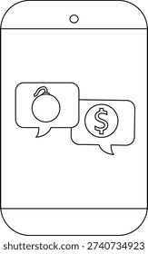 A smartphone screen shows chat bubbles a bomb icon and a dollar sign