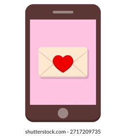 Uma tela de smartphone mostra um envelope de cor creme com um símbolo vibrante de coração vermelho, simbolizando uma mensagem de amor ou carinho.