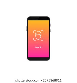 A smartphone screen shows a face id icon. the screen has a gradient with shades of orange and pink.