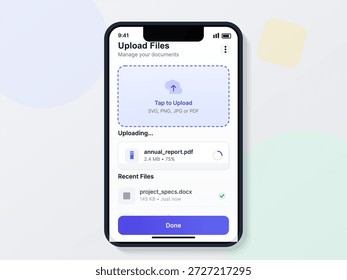 La pantalla de un smartphone muestra una interfaz de Cargar de archivos. El usuario selecciona los documentos para el Cargar, lo que indica la transferencia de archivos activa, y los Cargar recientes son visibles.